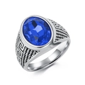 Edelstahlring für Herren mit großem blauen Edelstein und griechischem Mäander-Muster - Größe 8 / Stahl Blauer Stein