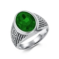 Herrenring aus Edelstahl in Silber mit einem großen ovalen grünen Edelstein - Größe 8 / Stahl Grüner Stein