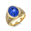 Herrenring aus goldfarbenem Edelstahl mit großem blauem Oval-Edelstein und griechischem Muster - Gold Blauer Stein