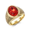 Vintage vergoldeter Stahlring mit großem ovalem rotem Edelstein und Mäander-Muster - Gold Roter Stein