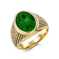 Vintage-Ring aus goldvergoldetem Titanstahl mit ovalem grünem Edelstein und Mäandermuster - Gold Grüner Stein