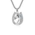 Polished titanium steel horseshoe necklace with horse head pendant and sparkling cubic zirconia - Necklace Set / Steel