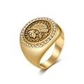 Men's gold-plated stainless steel signet ring with Native American portrait and zircon stones - Size 7 / Gold