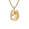Gold-plated horseshoe necklace with diamond-encrusted frame and 3D horse head pendant - Necklace Set / Gold