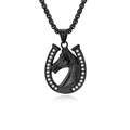 Hip hop black horseshoe necklace with horse head relief and sparkling white rhinestones - Necklace Set / Black