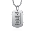 Polished stainless steel dog tag necklace with Serenity Prayer and cross on white background - With Chain / Steel
