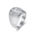 Polished stainless steel signet ring with a 3D cross pattern and coin-edge bezel - Size 8 / Steel