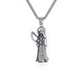 Gothic Santa Muerte scythe pendant in white gold finish with sparkling crystals on wheat chain - Steel Color Pendant with Necklace