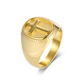 Men's gold polished stainless steel signet ring with embossed cross and textured edges - Size 8 / Gold