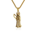 Golden Santa Muerte reaper pendant necklace with sparkling zircons and wheat chain - Gold Color Pendant with Necklace