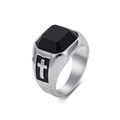 Anillo de sello vintage para hombre en acero inoxidable con piedra negra y cruz - Talla 7 / Color Acero