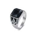 Anillo masónico clásico para hombre con gema negra cuadrada y banda de acero inoxidable plata - Talla 7 / Color acero