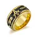 Men's spinning Freemason ring in black and gold stainless steel with embossed G symbol - Size 7 / Gold