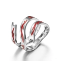 Ethnic style silver spiral ring with red enamel flame pattern inspired by Nezha myth - Size 7 / Steel