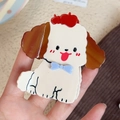 Cartoon white dog hair claw clip with a red beret and blue bow made of acetate - 7.8cm / Red Hat Dog