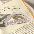 Elegant semi-circle hair claw clip with pearlescent shell texture and iridescent pearls - Iridescent White