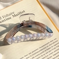 Elegant marble pattern hair claw clip with white pearls and durable gold metal spring - Cyan