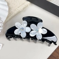 Elegant black hair claw clip with white shell-texture flowers and sparkling rhinestones - Flower Style
