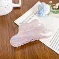 Iridescent light pink mermaid style hair claw clip on a wooden desk with flowers - Purple Cloud