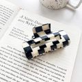 Classic black and white checkered acetate hair claw clip with a glossy finish for women - Medium Square