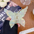 Iridescent light green butterfly hair claw clip with metallic spring for styling - Green Butterfly