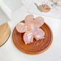 Pink pearlescent five-petal flower hair claw clip with iridescent finish on wood base - Orange Flower