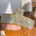 Elegant gold metal hair claw clip with sparkling rhinestones in a rectangular design - Gold Rhinestone (Style D) 10.5cm