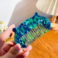 Vintage cat-shaped acetate hair comb in blue-green marble finish for women - Vintage Green