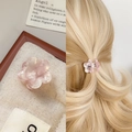 Pink floral acetate mini hair claw clip for bangs shown on blonde hair and flat lay - Water Pink