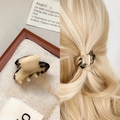 Small tortoiseshell acetate hair claw clip shown on a cream background and in hair - Beige Tortoise Shell