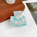 Medium square hair claw clip in blue and white marble acetate finish for women - Dreamy Blue / 5cm