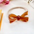 Amber acetate bow hair tie with France Handmade text on high elastic beige band - 5cm / Caramel color