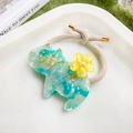 Elastico per capelli con gatto in acetato marmorizzato blu, fiore giallo e corda - Verde Iridescente 6cm