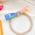 Regenbogen Acetatschleife Haargummi mit beige elastischem Seil und France handmade Aufdruck - Buntes Blau-Rosa 6.5cm