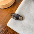 Tortoiseshell resin hair clip with oval gold metal logo plate on rustic burlap backdrop - Ink Color (4*1.7cm)
