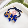 Elastico per capelli a gatto in acetato marmorizzato blu con fiore rosa e perla - Blu Vintage 6cm