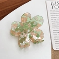 Floral claw clip with light green and marble pink acetate petals for elegant hairstyling - Camouflage Green Pink