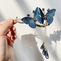 Fermaglio per capelli con farfalla ricamata in stile cinese con frange e perle blu - 11.5CM / Blu