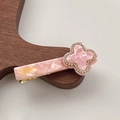 Pink marble resin hair clip with clover rhinestone design and golden France logo - Rose Pink 6CM