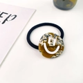 Elastic hair tie with a brown tortoiseshell resin disc featuring a white smiley face - Smudged Coffee Gray 3.5CM
