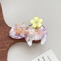 Fermaglio per capelli a gatto in marmo viola con fiore giallo e dettagli oro - Viola chiaro floreale / 6cm