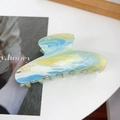 Elegant large marble hair claw clip with blue and yellow ink splash pattern for women - Yellow-Green