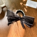 Elegant black organza bow hair scrunchie with white pearls and sparkling rhinestones - 5cm / Black Bow