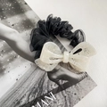 Elegant black tulle scrunchie with a cream white textured acetate bow decoration - One Size / Striped White