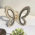 Eleganter Schmetterlings-Haarclip aus Gold mit weißen Strasssteinen und Emaille - Schmetterlingsform Krallenclip / 8cm / Schwarz Stil A (A373)