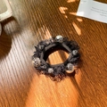 Elegant black lace hair scrunchie with white pearls on a vintage wood background - 7cm / Large Lace Pearl