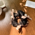 Elegant black organza hair scrunchie with pink satin bows and white pearls detail - Black Mesh Scrunchie