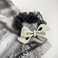 Elegant cream bow hair scrunchie with black lace mesh and French style ribbon detail - One Size / White