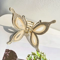 Goldene Schmetterlings-Haarklammer mit Kristallen und cremefarbenem Harz-Inlay - Schmetterlingsform Krallenclip / 8.5cm / Champagner Stil B (A373)