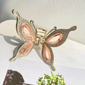 Golden butterfly hair claw with pink marble resin and sparkling white rhinestones - Red Style B (A373)